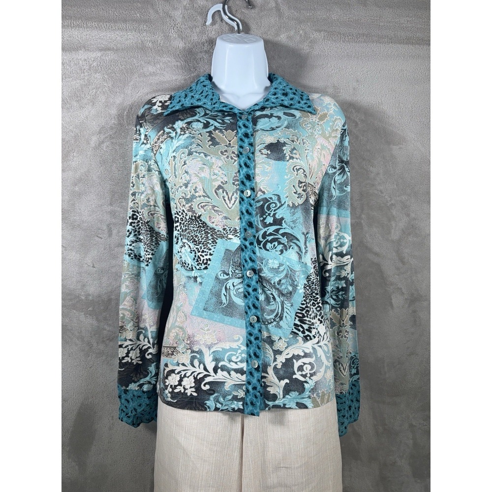 Sao Paulo Blouse Womens Size 8 Blue Paisley‎ Patchwork Y2K Button Front
